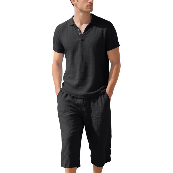 Herren lässiges Kurzarm-Polohemd mit elastischen Leinen-Shorts Echoarchiv