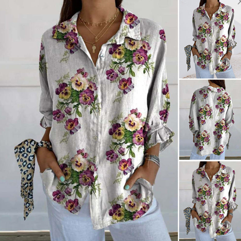 Damen nan leichte Leinenoptik-Hemdbluse mit Blumenmuster, lockerem Schnitt, krempelbaren Ärmeln und Eingrifftaschen Echo Archiv