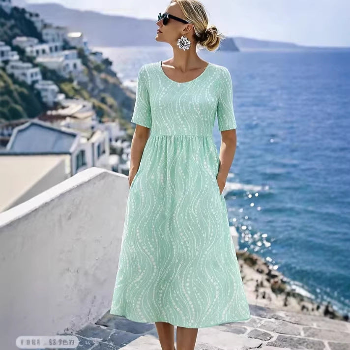 Damen Leichtes Midikleid mit Empire-Taille, halblangen Ärmeln und Eingrifftaschen Echoarchiv