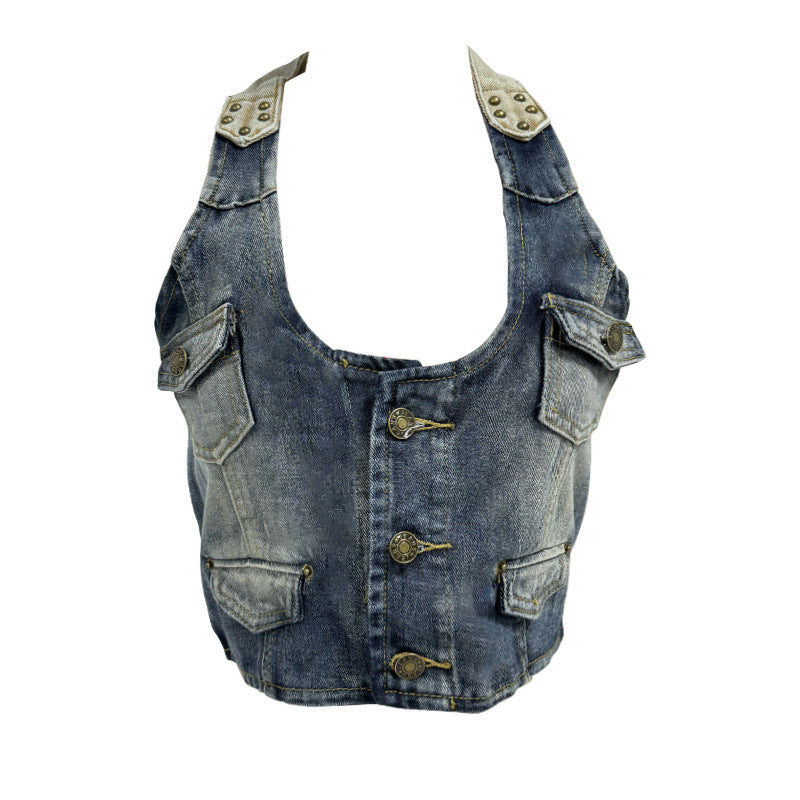 Damen Crop-Top aus Denim mit dekorativen Knopfdetails und tiefem V-Ausschnitt Echo Archiv
