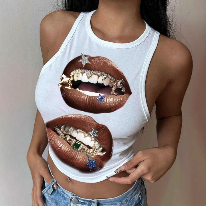 Damen Tanktop mit künstlerischem Lippenmotiv und figurbetontem Schnitt Echo Archiv