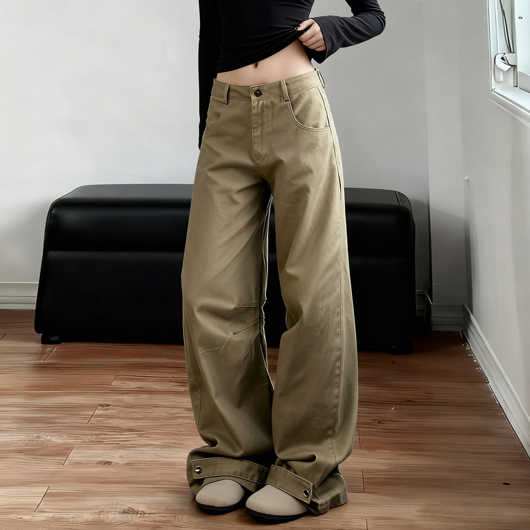 Damen Weite High‑Waist Schlaghose mit verstellbaren Knopfmanschetten und Knieabnähern – Avélisse