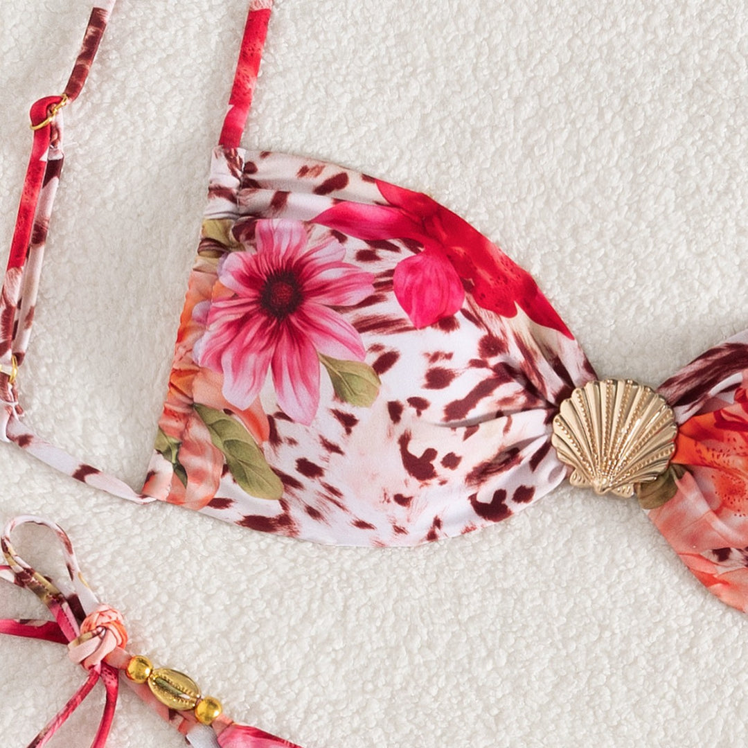 Damen Bandeau-Bikini mit floralem Design und goldenen Akzenten Echo Archiv