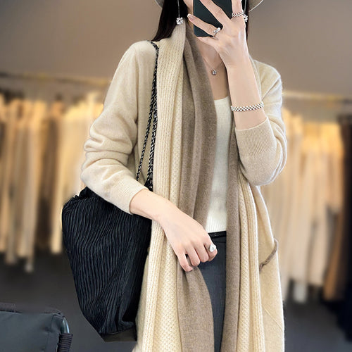 Damen Langer offener Cardigan in Kaschmir‑Look mit Schalkragen und Eingriffstaschen Echoarchiv
