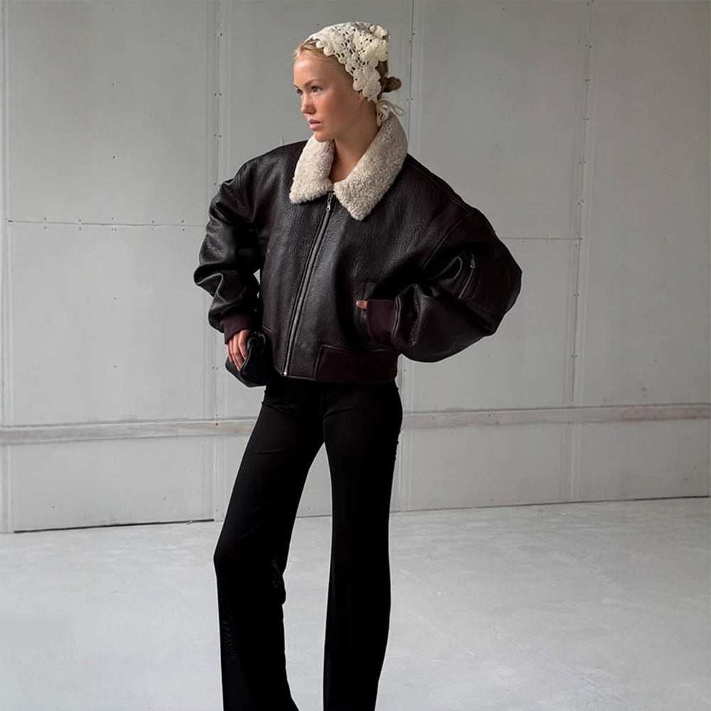 Damen Oversized Fliegerjacke im Biker-Bomber-Stil mit Teddykragen Echoarchiv