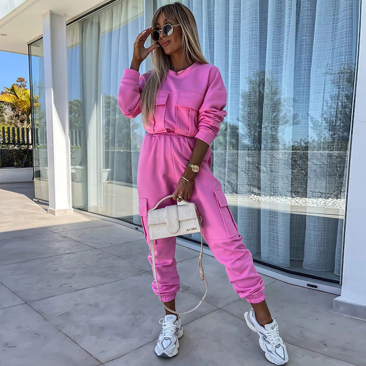 Damen Cargo-Loungewear-Set aus weicher Baumwollmischung mit hoher Taille und aufgesetzten Cargo-Taschen – Avélisse