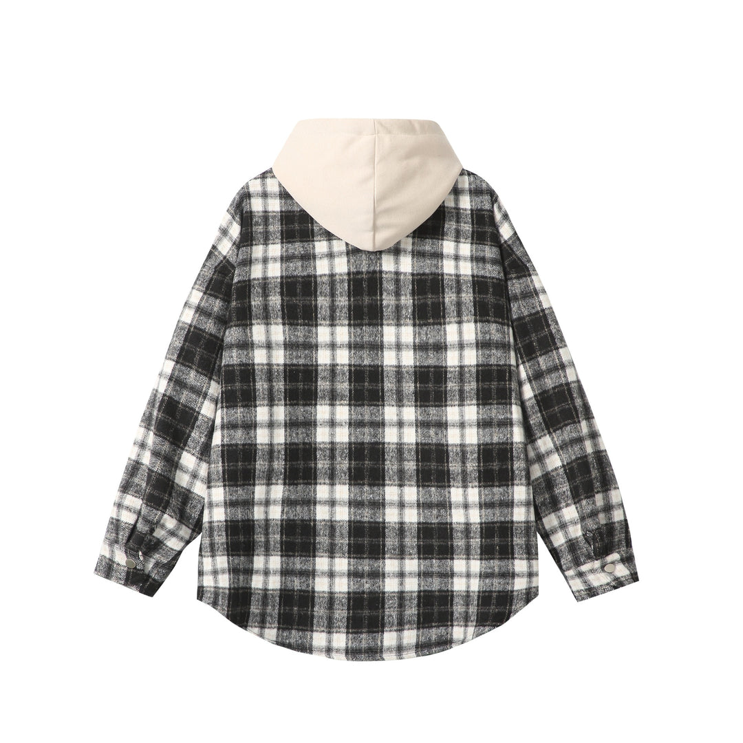 Unisex Oversized Karo-Hemdjacke mit Kapuze, Druckknöpfen und Brusttasche Echoarchiv