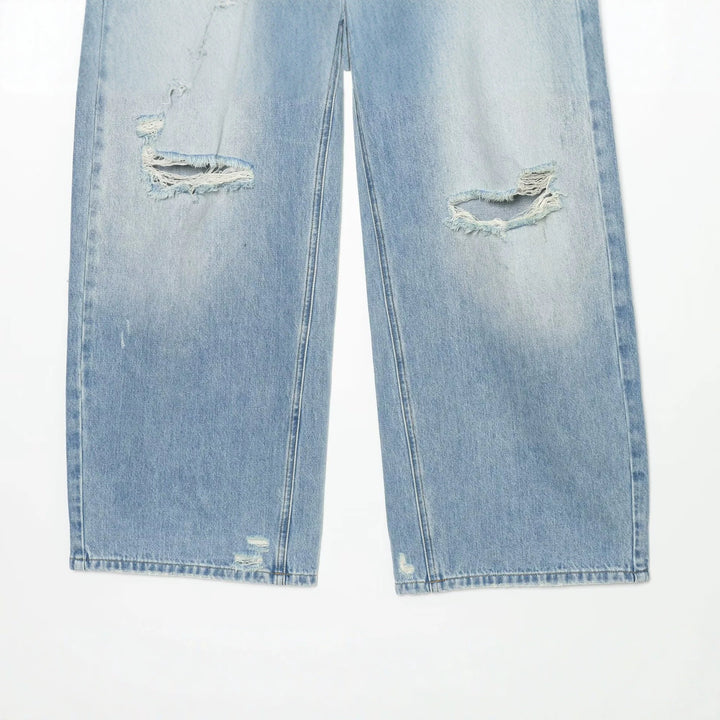 Damen Hochgeschnittene weite Denim-Jeans mit Destroyed-Details und Tunnelzug Echo Archiv