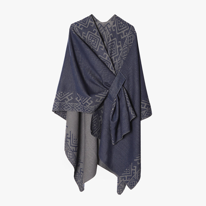 Damen Reversibler Wollmix-Cape mit Bindeschlaufe und feinem Jacquardmuster – Avérine
