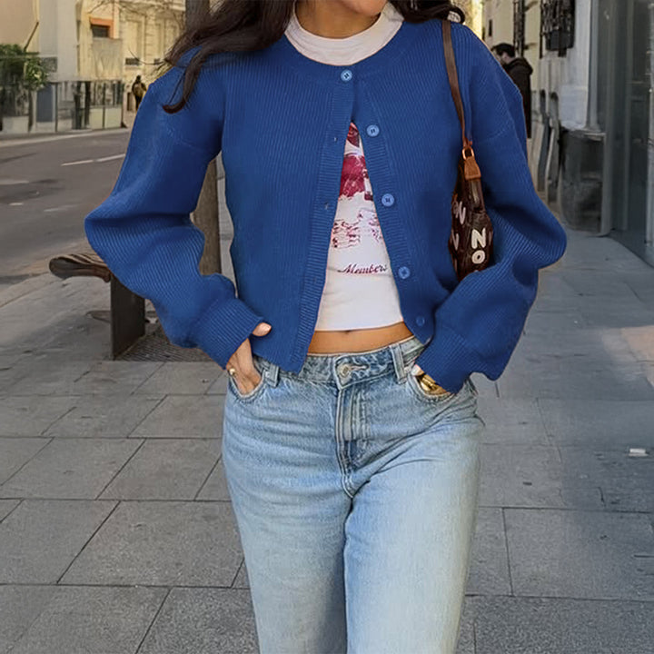 Damen kurzes Rippstrick-Cardigan mit Rundhalsausschnitt, ballonärmel und markanter Knopfleiste – Veloura