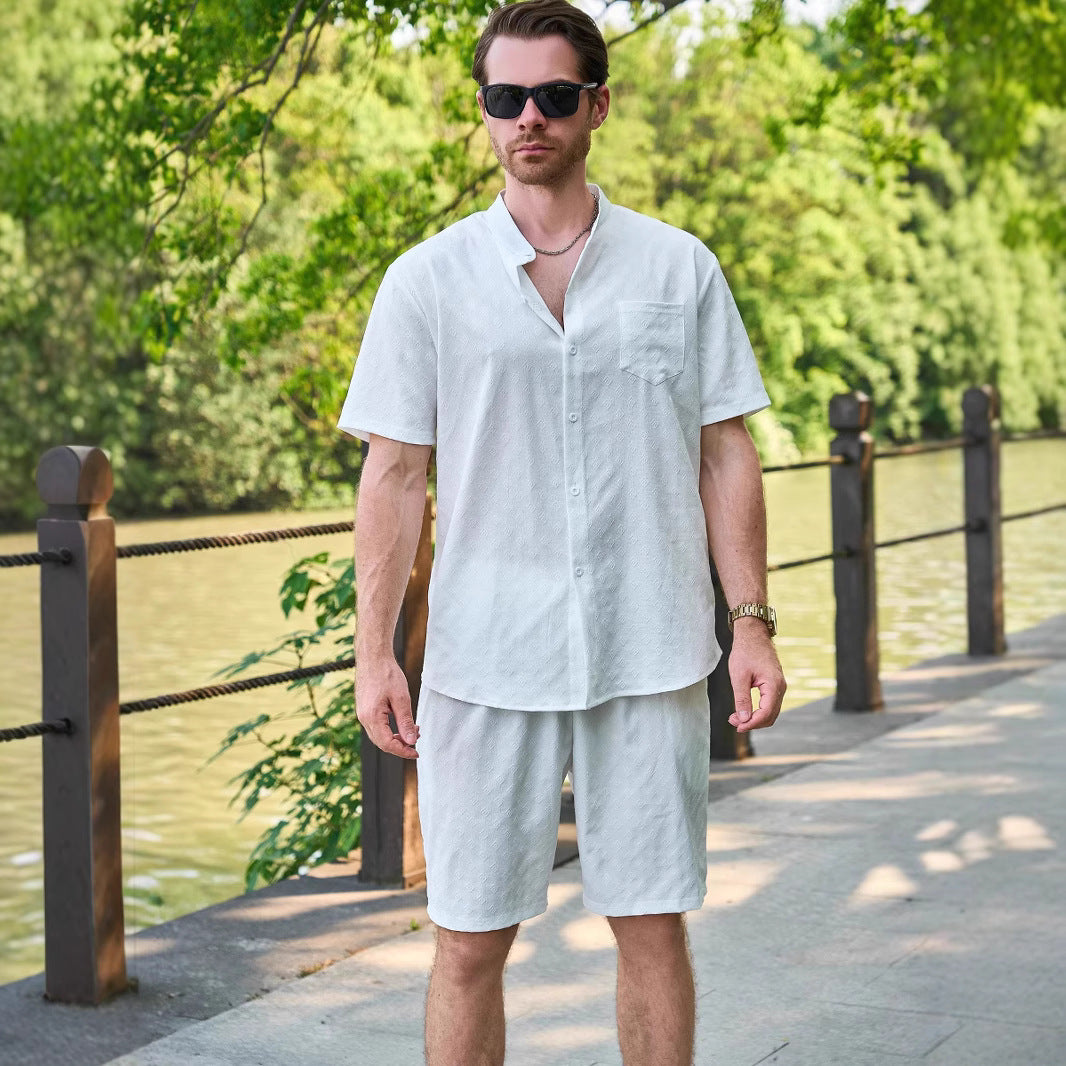 Herren Kurzarm-Hemd und Shorts Set mit modernem Stehkragen und atmungsaktiver Struktur Echoarchiv