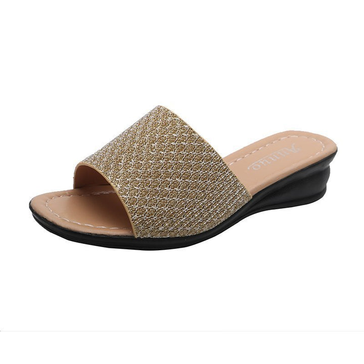 Damen nan Glitzerslipper mit breiter Riemenfront, offenem Zehenbereich, gepolstertem Komfortfußbett und leichtem Keilabsatz Echo Archiv