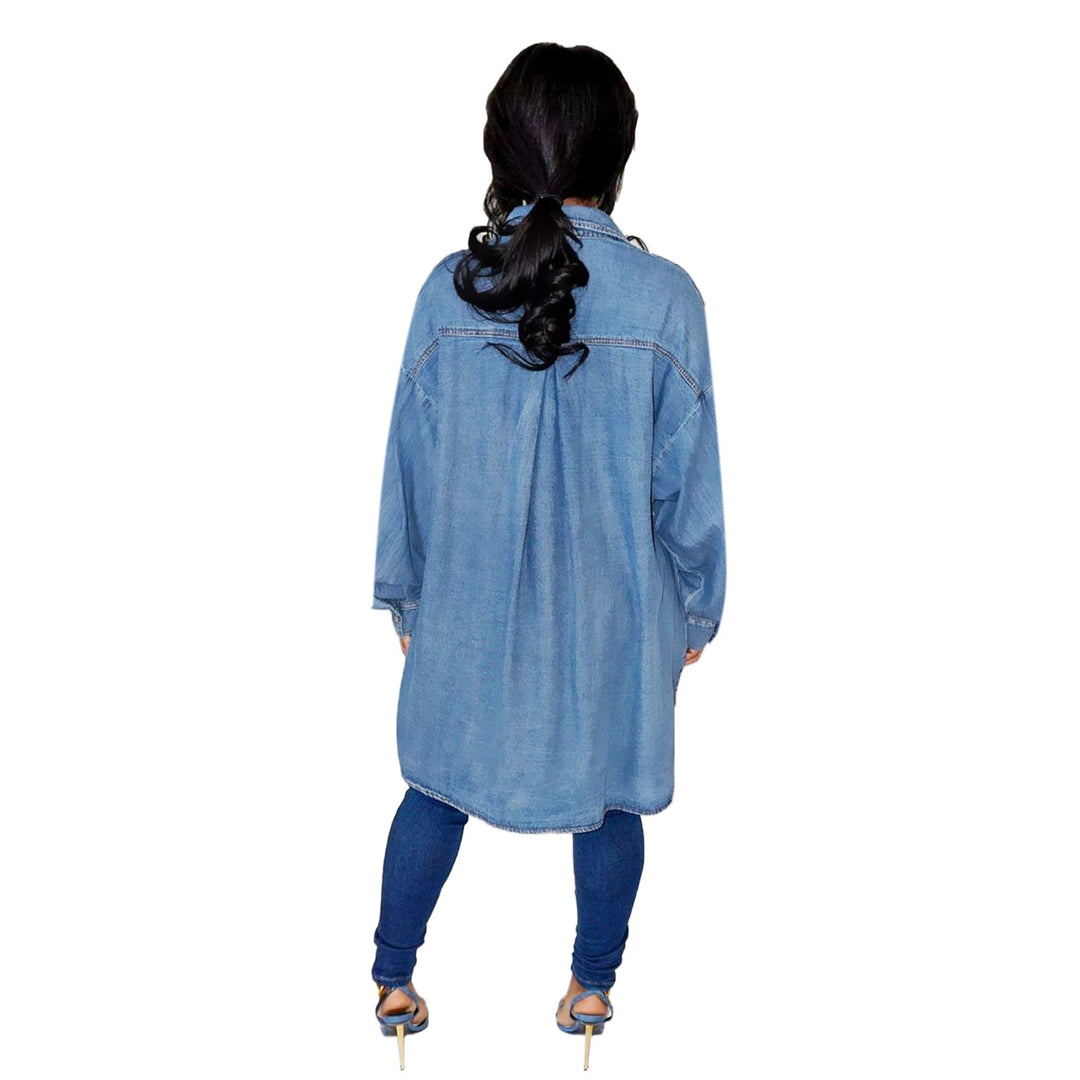 Damen Oversized Denim-Hemdjacke mit Pattentaschen und verlängertem Schnitt Echo Archiv
