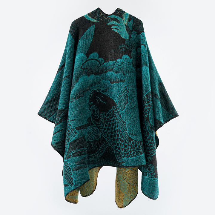 Damen Jacquard-Strick Cape mit Koi-Motiv und weitem Oversize-Fall Echo Archiv