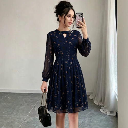 Damen Chiffon-Midikleid mit plissiertem Rock, transparenten Ärmeln und Zierbrosche – Élara