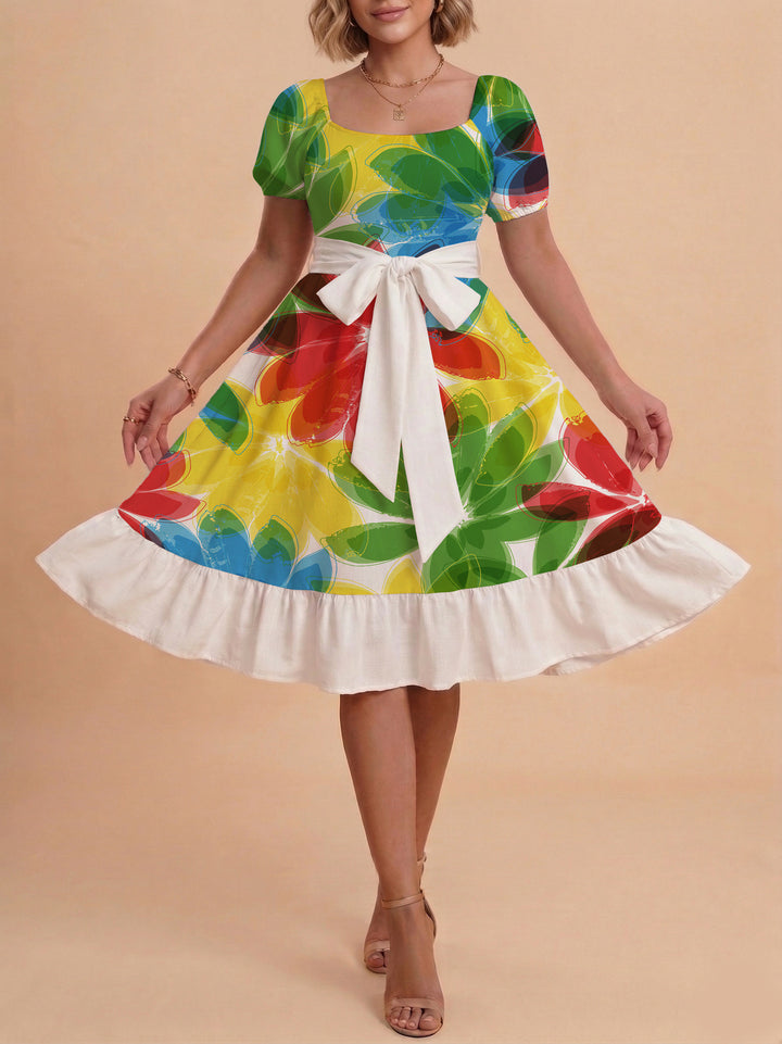 Damen Sommerkleid mit floralem Puffärmel und taillierbarem Gürtel Echo Archiv