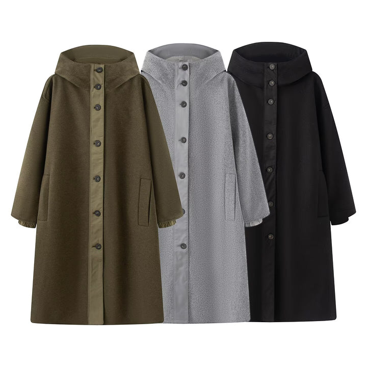 Damen Weicher Oversize Wollmix‑Mantel mit Kapuze und durchgehender Knopfleiste Echo Archiv