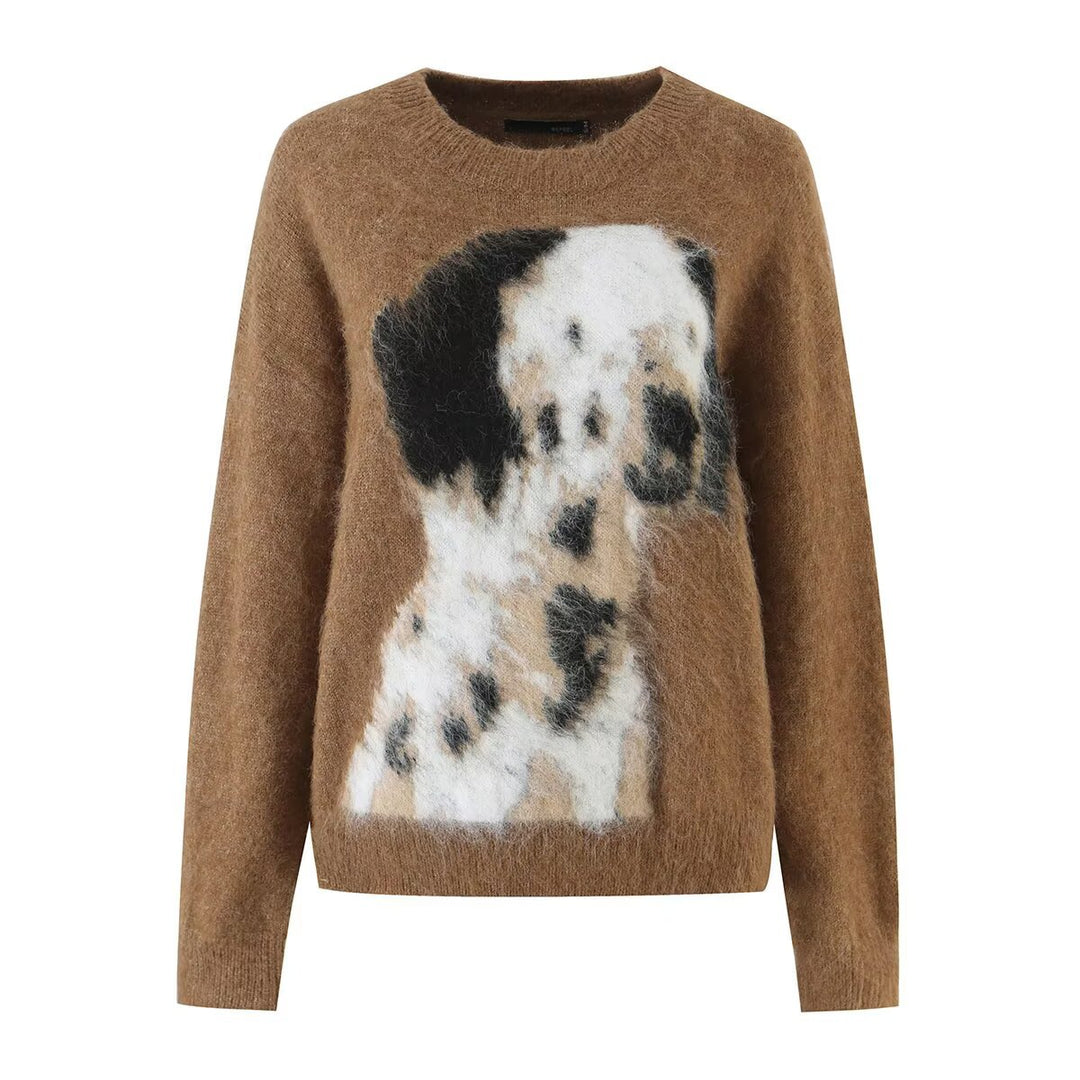 Damen Mohair-Mix Rundhalspullover mit abstraktem Hundemotiv Echo Archiv