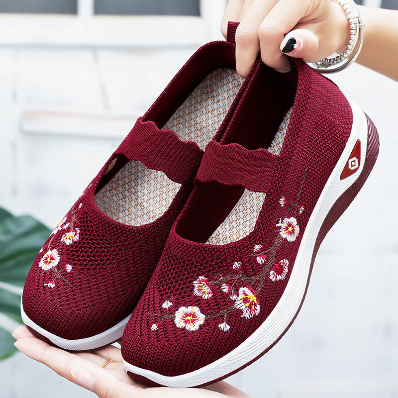 Damen nan bestickter Komfort-Ballerina mit elastischem Mary-Jane-Riemen, atmungsaktivem Strickoberteil und stoßdämpfender EVA-Keilsohle Echo Archiv