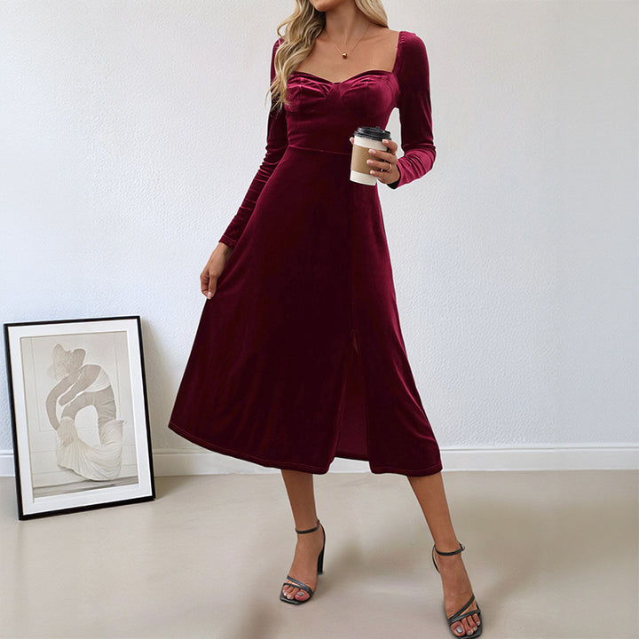 Damen Samt-Midikleid mit herzförmigem Ausschnitt, taillierter Silhouette und Langarm Echoarchiv