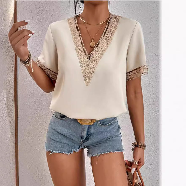 Damen Modische Bluse mit V-Ausschnitt und Spitzenbesatz Echo Archiv