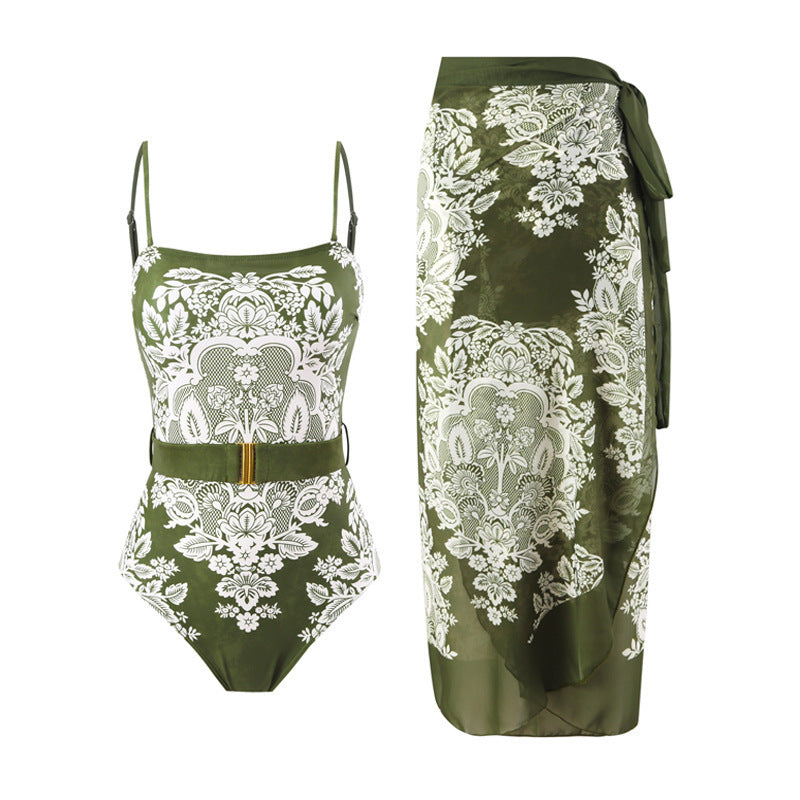 Damen modischer Einteiler Badeanzug mit elegantem Wickelrock und floralem Muster Echo Archiv