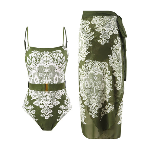 Damen modischer Einteiler Badeanzug mit elegantem Wickelrock und floralem Muster Echo Archiv