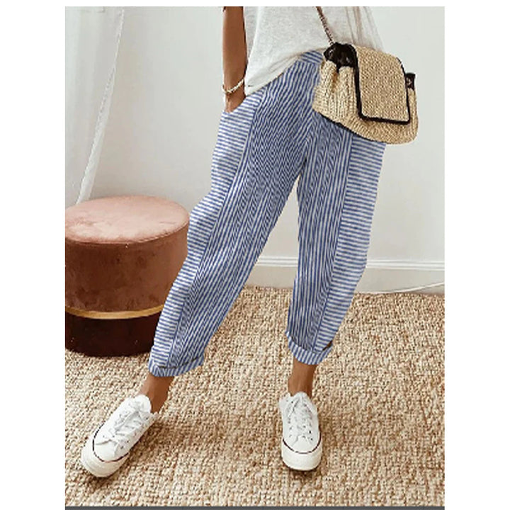 Damen Freizeit Leinenlook Hose mit Streifen, elastischem Bund und Saumabschluss – Avélisse