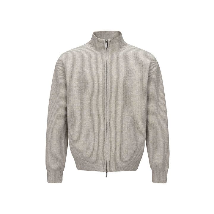 Unisex Kurzer gerippter Strickzipper mit hohem Stehkragen und schlankem Bund Echoarchiv