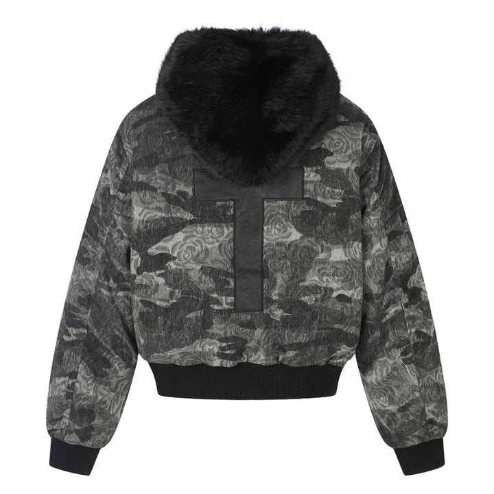 Damen Boxy-Bomberjacke mit weichem Kunstpelzkragen und floraler Camouflage-Struktur Echo Archiv
