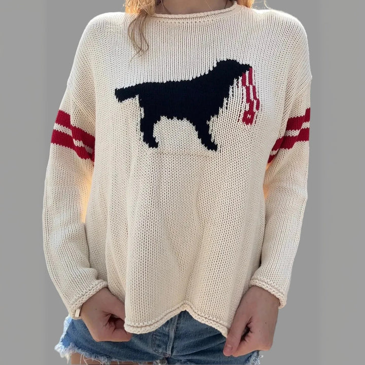 Damen Grobstrickpullover mit Hunde-Jacquard und Sportstreifen Echoarchiv
