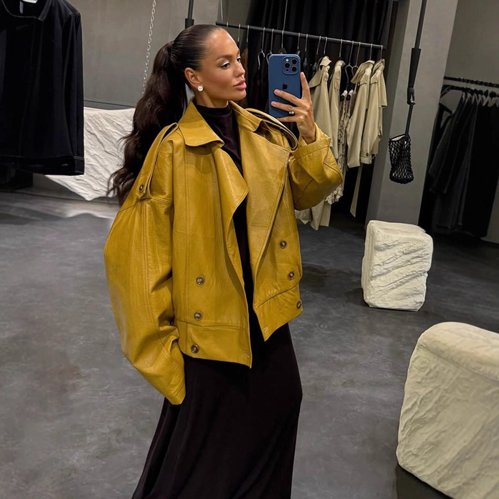 Damen Oversize Lederjacke mit voluminösen Ballonärmeln und kurzer Boxy-Silhouette Echoarchiv