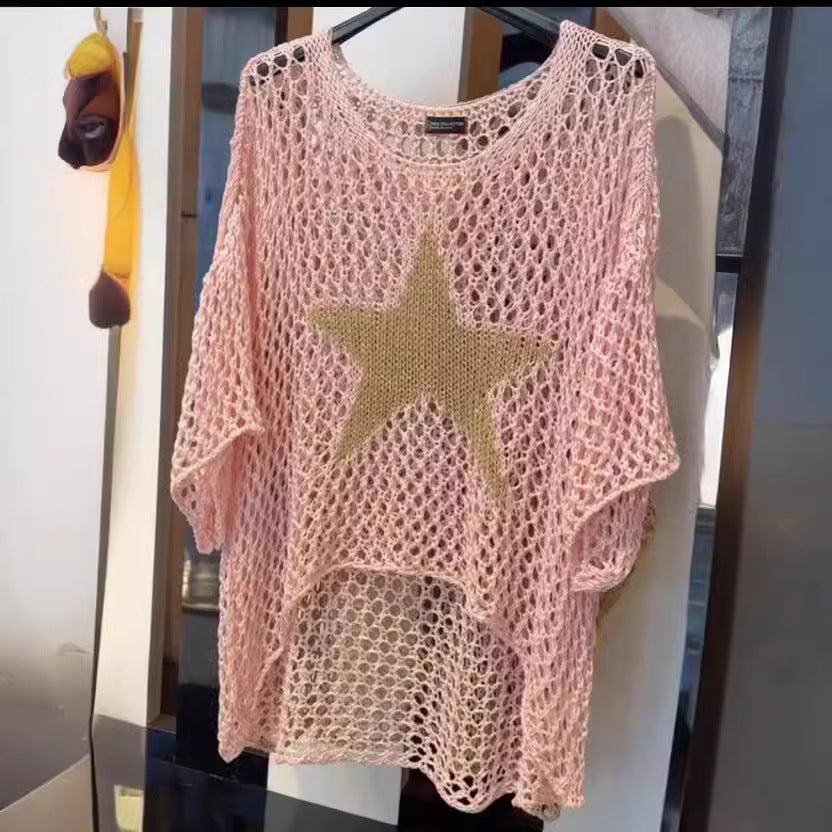 Damen nan oversized gehäkelter Pullover mit Sternapplikation und 3/4-Ärmeln Echo Archiv