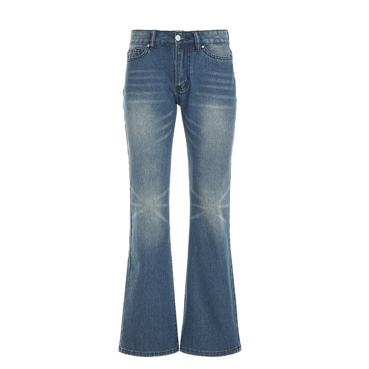 Damen hochtaillierte Schlagjeans mit dezenter Used-Waschung und ausgestelltem Bein – Dénora