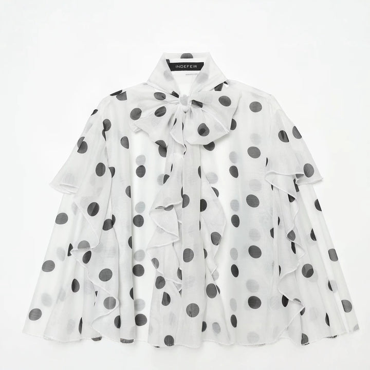 Damen Leichte Chiffonbluse mit Volants, Schleifenkragen und Pünktchenprint Echo Archiv