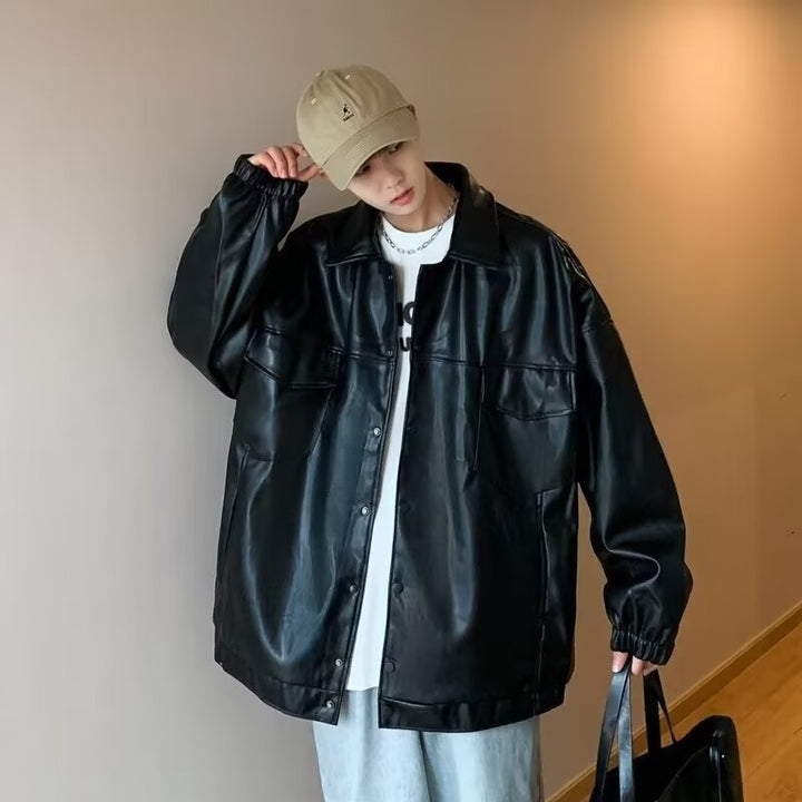 Herren Oversized PU-Leder-Shacket mit Pattentaschen und elastischen Bündchen Echoarchiv