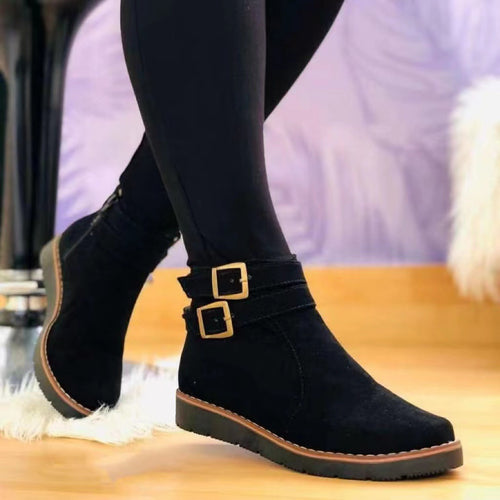 Damen Knöchelstiefel aus Veloursimitat mit Doppelriemen und flacher Keilsohle Echo Archiv