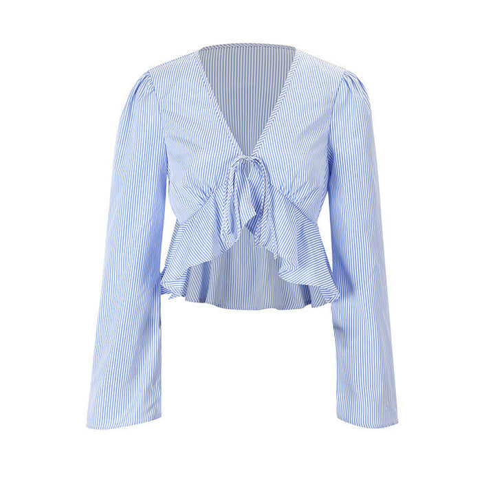 Damen cropped Bluse mit verspielten Rüschendetails und bindbarem Krawattenverschluss Echo Archiv