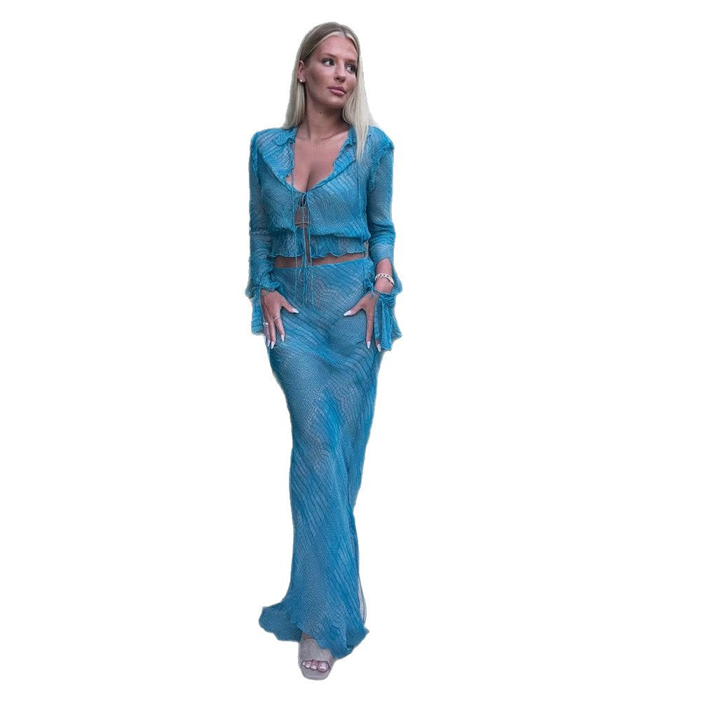 Damen Transparente Mesh-Cropped-Bluse mit Bindung und Schlauch-Maxirock Echoarchiv