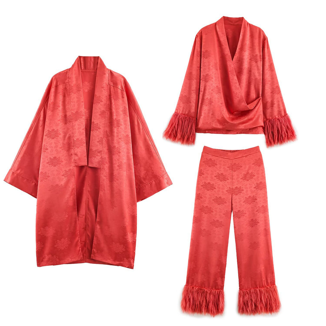 Damen Kimono-Wickelbluse aus Jacquard mit Federrüschensäumen Echo Archiv