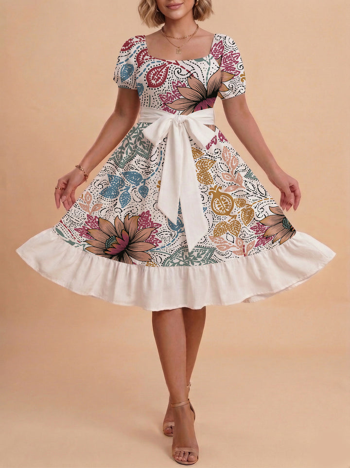 Damen modernes Blumenkleid mit elegantem Taillengürtel und asymmetrischem Saum Echo Archiv
