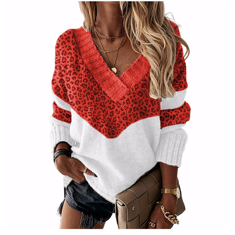 Damen V‑Ausschnitt Strickpullover mit Leo‑Print und Colorblock‑Design Echo Archiv