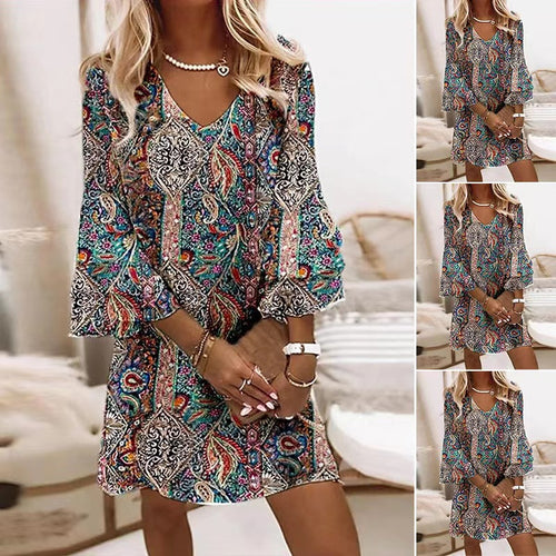 Damen nan Boho-Paisley-Tunikakleid mit V-Ausschnitt und dreiviertel Glockenärmeln Echo Archiv