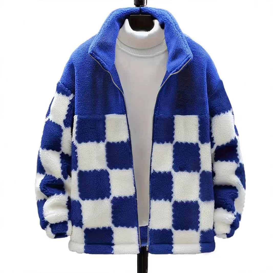 Damen Kariert‑Design Teddy‑Fleecejacke mit Stehkragen, Reißverschluss und Oversize‑Schnitt Echoarchiv