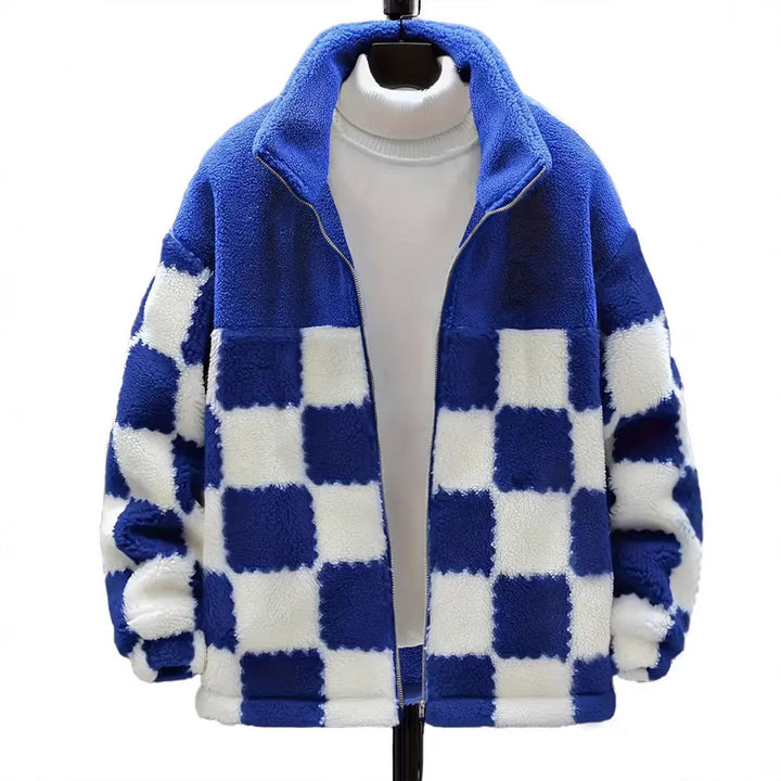 Damen Kariert‑Design Teddy‑Fleecejacke mit Stehkragen, Reißverschluss und Oversize‑Schnitt Echoarchiv