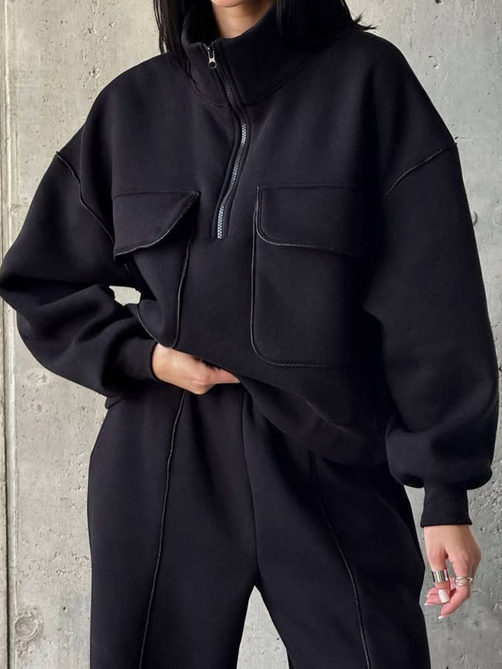 Damen nan Oversize Halbzip-Sweatshirt mit aufgesetzten Klappentaschen und Kontrastpaspeln Echo Archiv