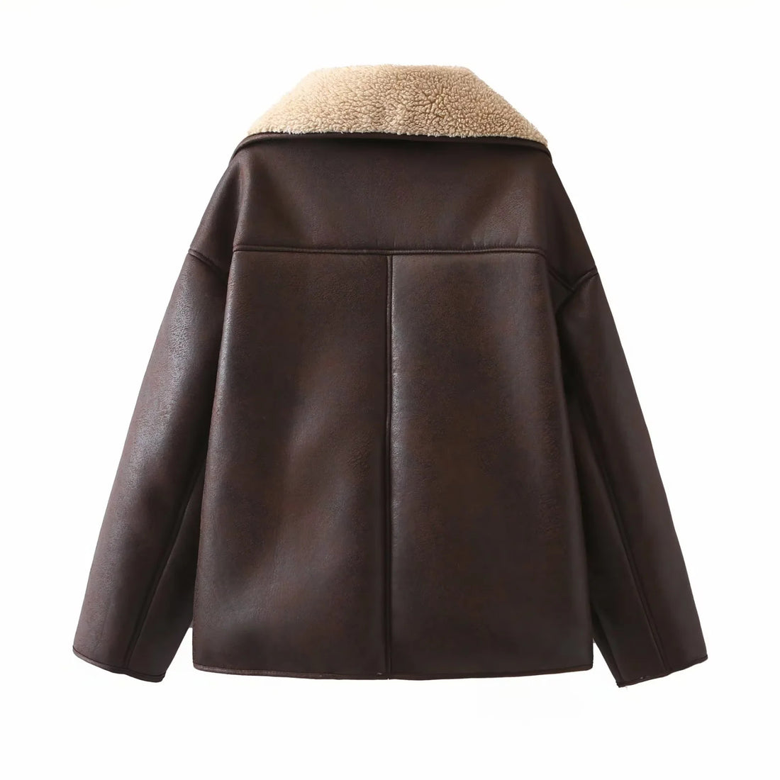 Damen kastige Kunstleder‑Schaffelljacke mit großem Teddykragen, aufgesetzten Fronttaschen und Knopfverschluss – Célinea