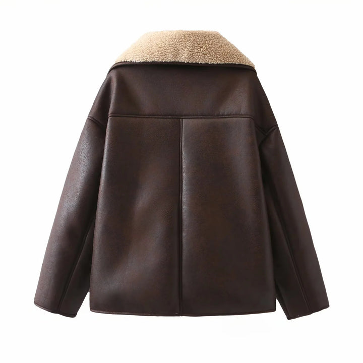 Damen kastige Kunstleder‑Schaffelljacke mit großem Teddykragen, aufgesetzten Fronttaschen und Knopfverschluss – Célinea