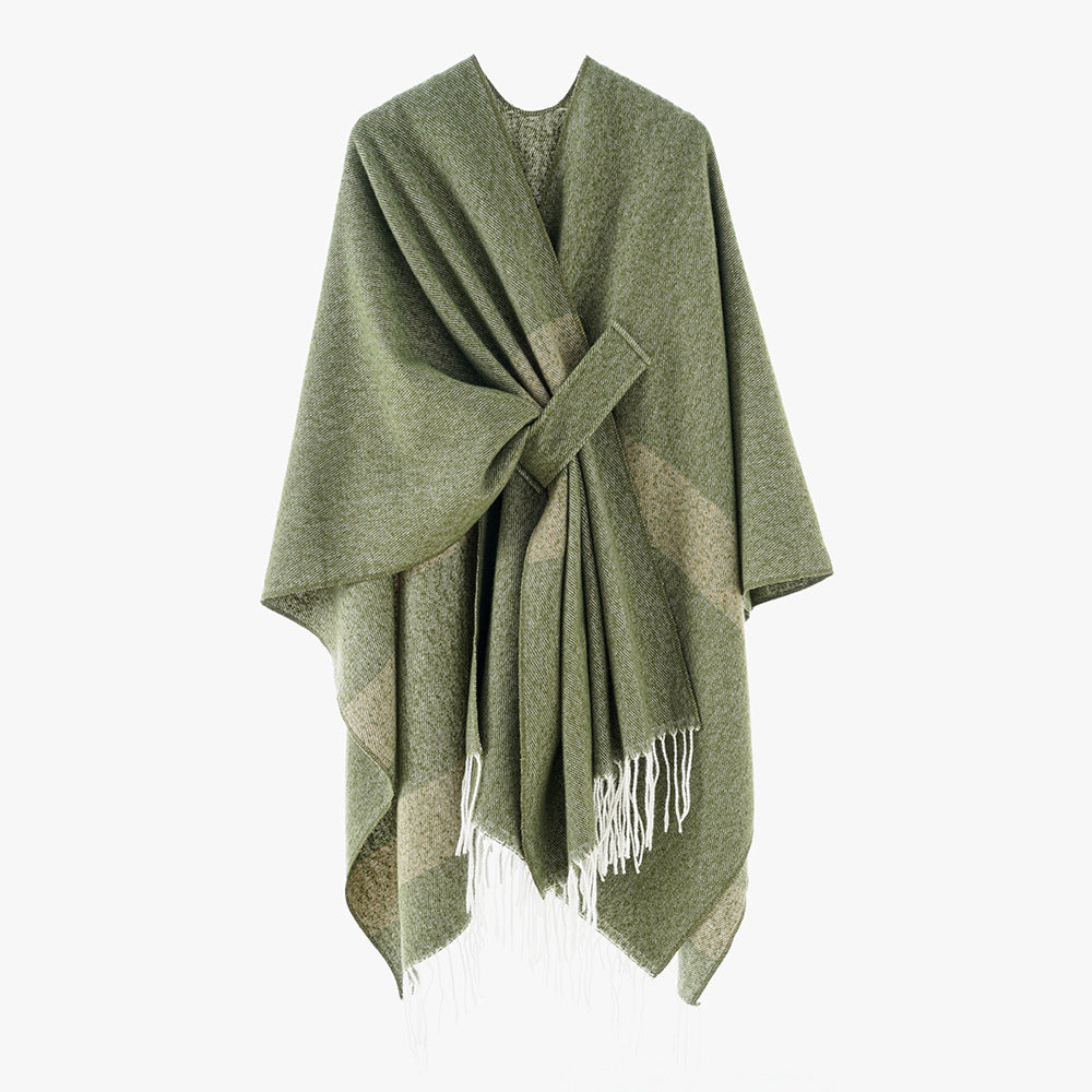 Damen Wollmix-Capeponcho mit Bindeschlaufen, weichgewebtem Oversize-Überwurf und Fransensaum – Avérine
