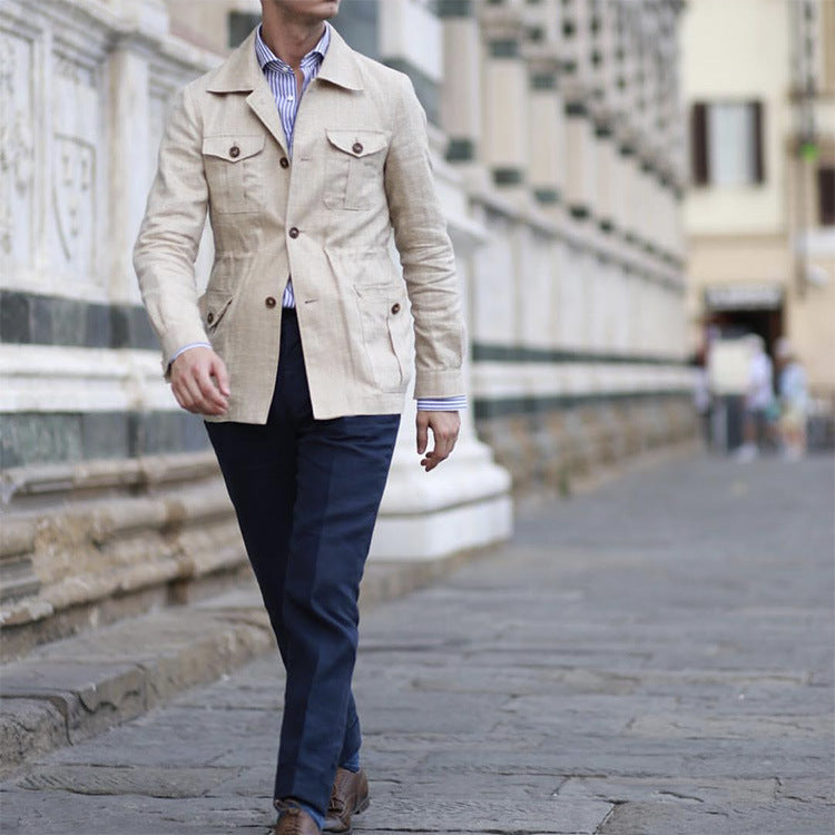 Herren Leinen-Mix Feldjacke mit Pattentaschen und taillierter Passform Echo Archiv